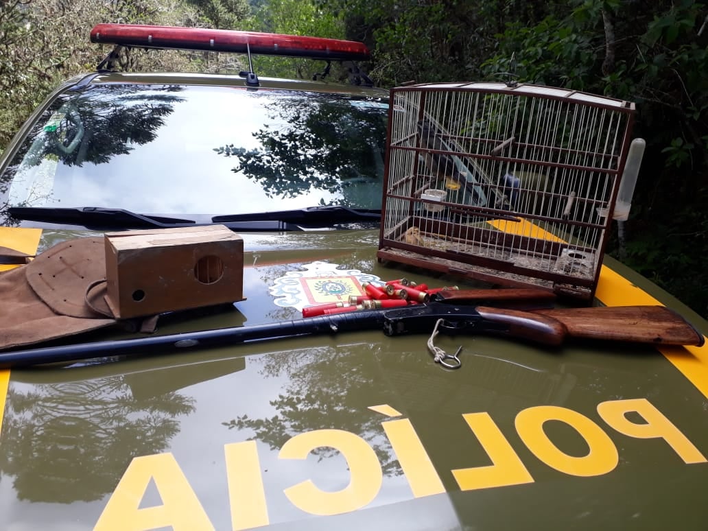 BRIGADA MILITAR DE CAMBARÁ DO SUL PRENDE QUATRO COM ARMA, MUNIÇÕES E PÁSSAROS SILVESTRES